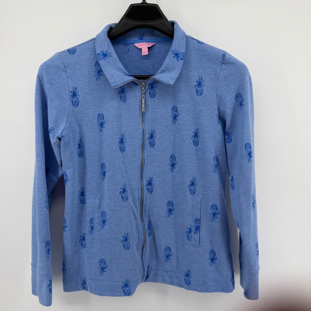 Lilly Pulitzer Jacket Women L Blue Pineapple Print Zip Up 30677 Collared Jersey